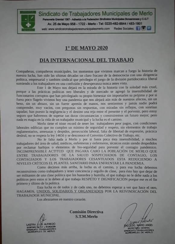 Documento emitido por el Sindicato de Trabajadores Municipales de Merlo | Desmiento es un portal de noticias sobre actualidad política, económica y social argentina, de la Provincia de Buenos Aires y sus municipios. Con un segmento dedicado exclusivamente a combatir las fake news y la desinformación.